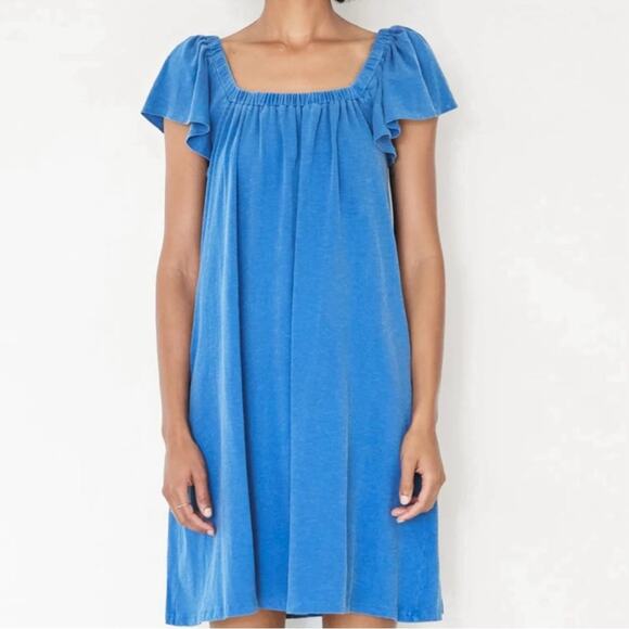 Sundry Mini Trapeze Dress Blue Square Neck Flutter Sleeve Sundress Cotton Summer - Picture 1 of 7